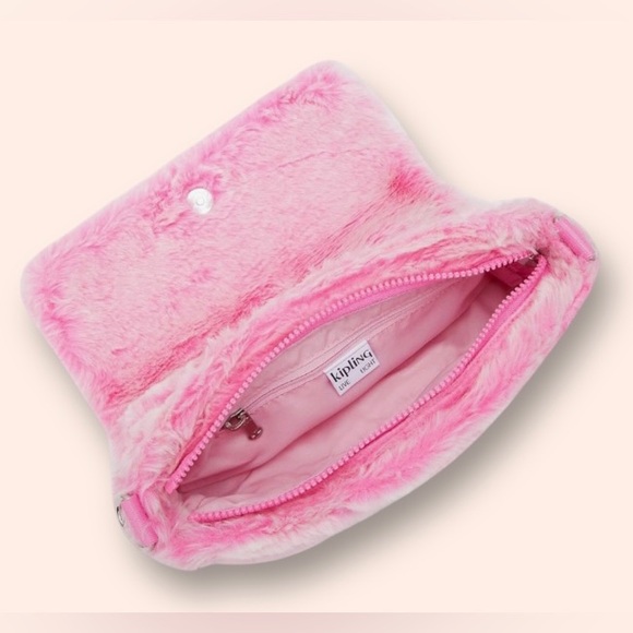 Kipling Aras Furry Shoulder Bag Crossbody Teddy Pink Metal Monkey Chain - Picture 2 of 7